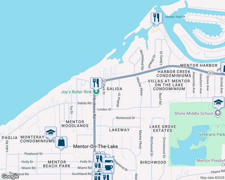 map of restaurants, bars, coffee shops, grocery stores, and more near 5579 Hickory Street in Mentor-on-the-Lake