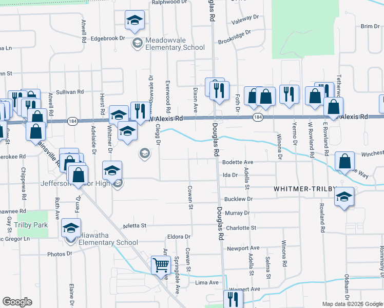 map of restaurants, bars, coffee shops, grocery stores, and more near 2544 Schroeder Street in Toledo