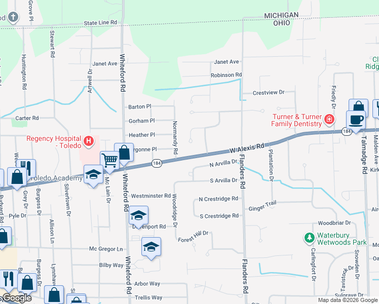 map of restaurants, bars, coffee shops, grocery stores, and more near 5740 Normandy Drive in Sylvania