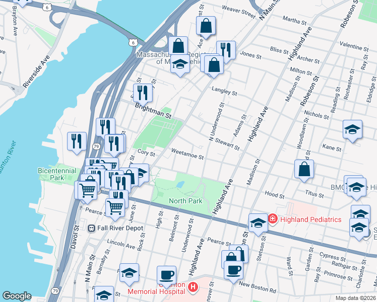 map of restaurants, bars, coffee shops, grocery stores, and more near 21 Vestal Street in Fall River