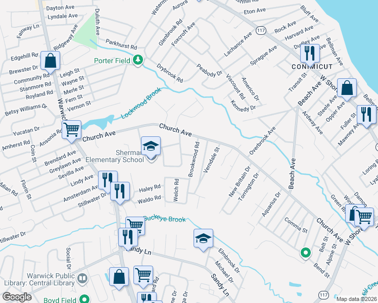 map of restaurants, bars, coffee shops, grocery stores, and more near 20 Killey Avenue in Warwick