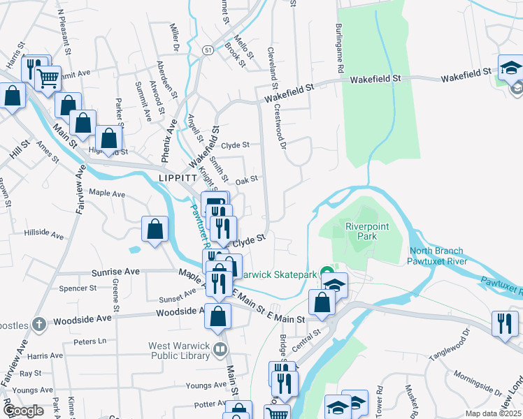 map of restaurants, bars, coffee shops, grocery stores, and more near 38 Clyde Street in West Warwick
