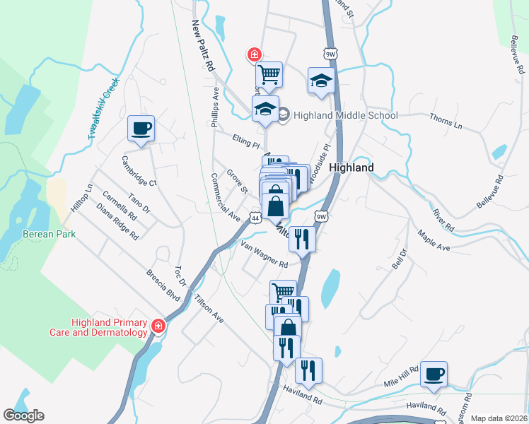 map of restaurants, bars, coffee shops, grocery stores, and more near 26 Main Street in Highland