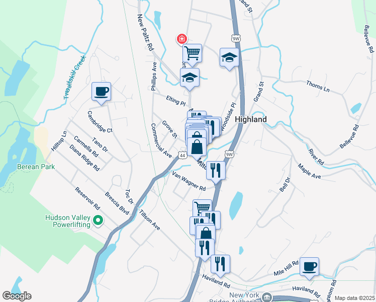 map of restaurants, bars, coffee shops, grocery stores, and more near 26 Main Street in Highland