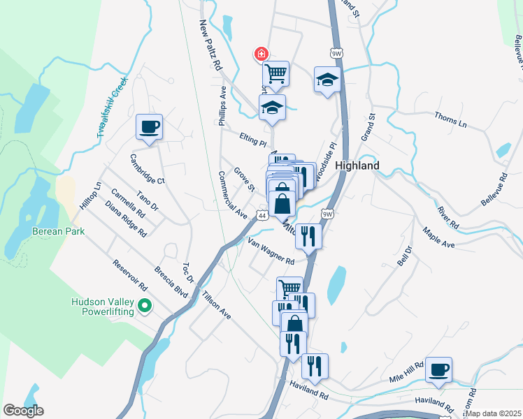 map of restaurants, bars, coffee shops, grocery stores, and more near 4 Leonta Court in Highland