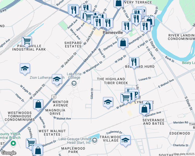 map of restaurants, bars, coffee shops, grocery stores, and more near 219 Champion Drive in Painesville