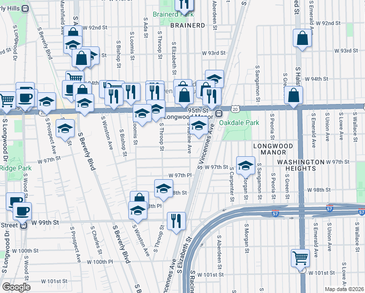 map of restaurants, bars, coffee shops, grocery stores, and more near 1224 West 96th Street in Chicago