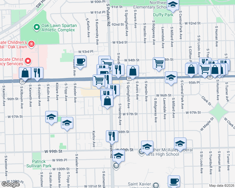 map of restaurants, bars, coffee shops, grocery stores, and more near 9527 South Harding Avenue in Evergreen Park