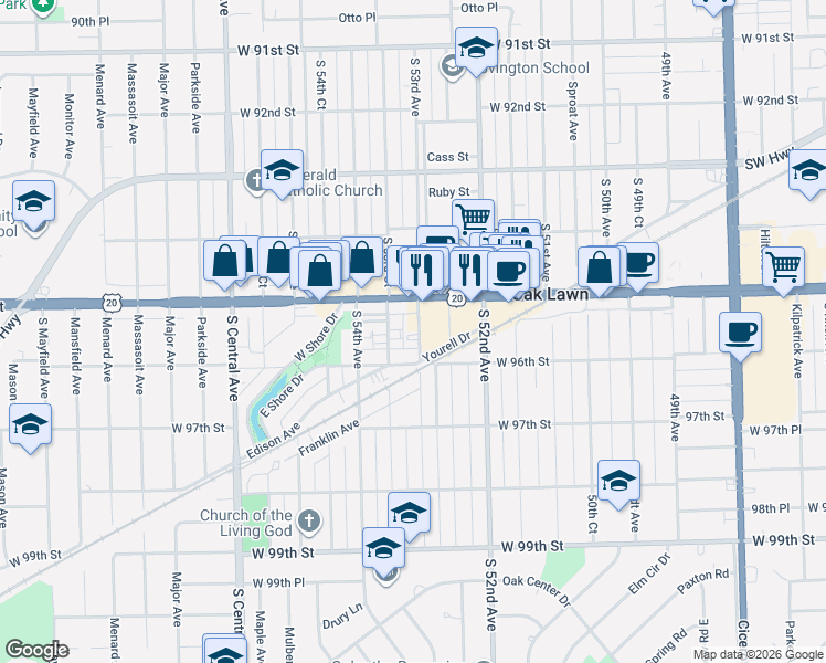 map of restaurants, bars, coffee shops, grocery stores, and more near 5273 West 95th Street in Oak Lawn