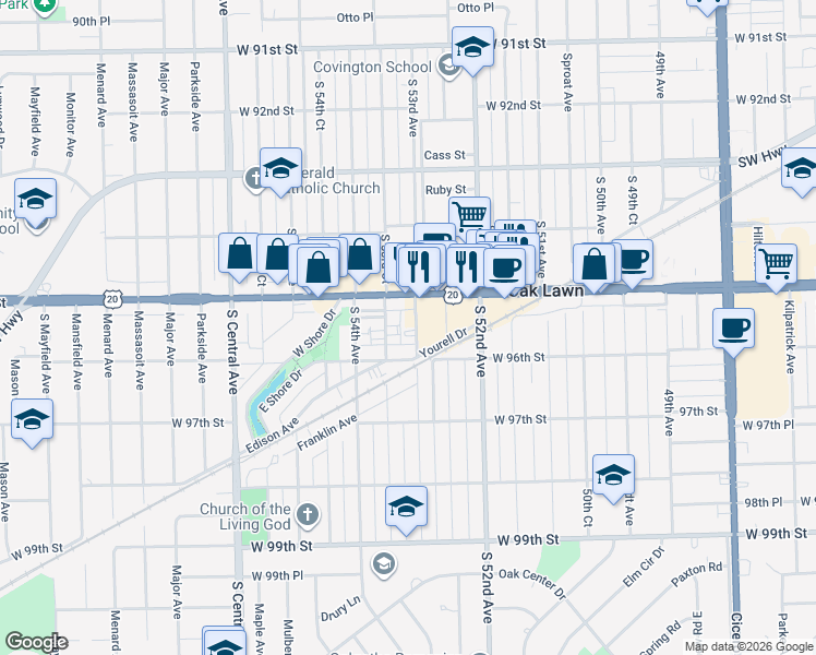 map of restaurants, bars, coffee shops, grocery stores, and more near 5273 West 95th Street in Oak Lawn