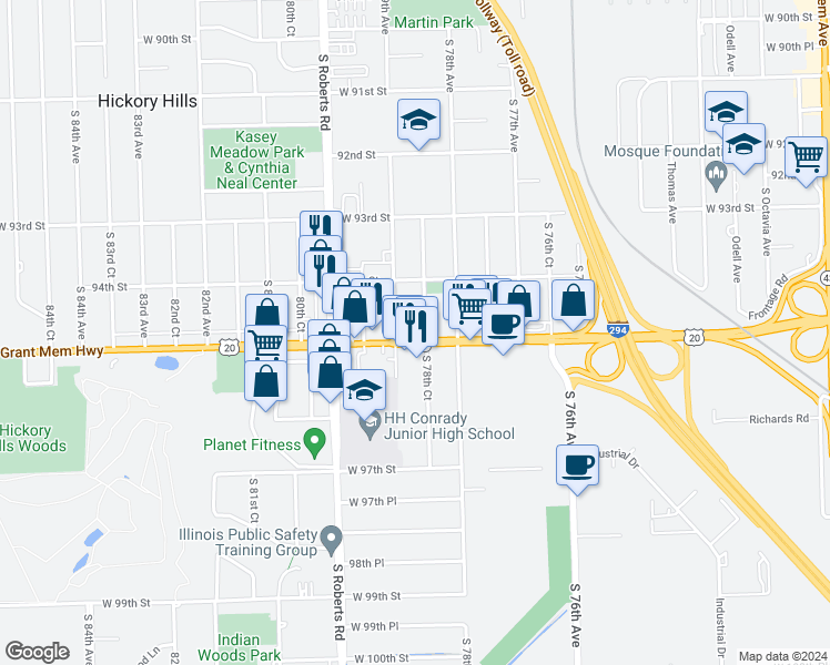 map of restaurants, bars, coffee shops, grocery stores, and more near 9434 South 78th Court in Hickory Hills