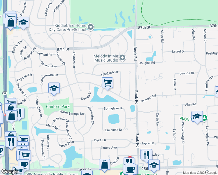 map of restaurants, bars, coffee shops, grocery stores, and more near 2407 Williamstown Court in Naperville