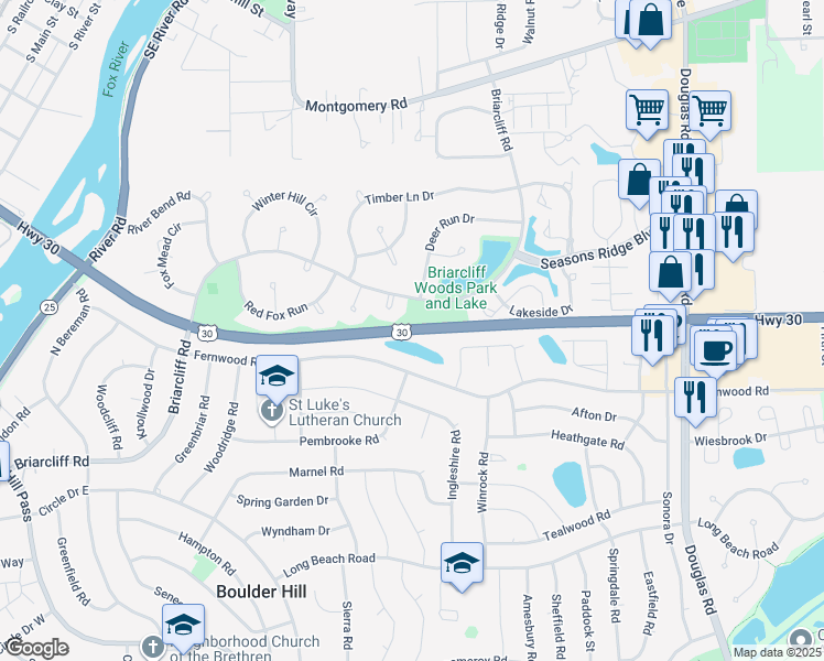 map of restaurants, bars, coffee shops, grocery stores, and more near U.S. 30 in Aurora