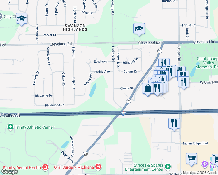map of restaurants, bars, coffee shops, grocery stores, and more near 53335 Hickory Road in South Bend