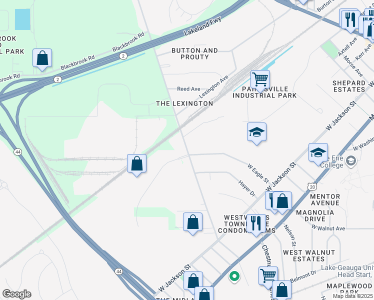 map of restaurants, bars, coffee shops, grocery stores, and more near Newell Street in Painesville