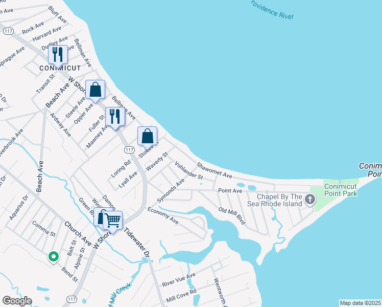 map of restaurants, bars, coffee shops, grocery stores, and more near 72 Shawomet Avenue in Warwick