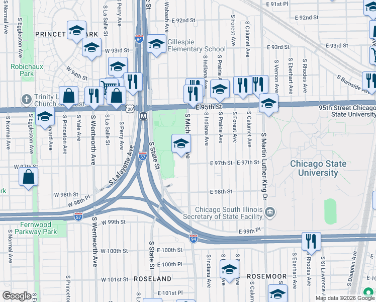 map of restaurants, bars, coffee shops, grocery stores, and more near 9600 South Michigan Avenue in Chicago