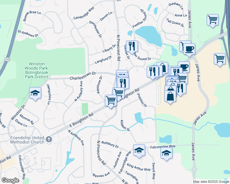 map of restaurants, bars, coffee shops, grocery stores, and more near 612 North Pinecrest Road in Bolingbrook