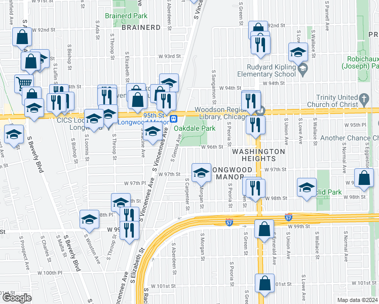 map of restaurants, bars, coffee shops, grocery stores, and more near 9607 South Carpenter Street in Chicago