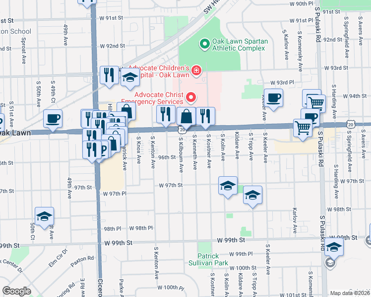 map of restaurants, bars, coffee shops, grocery stores, and more near 9514 South Kilbourn Avenue in Oak Lawn