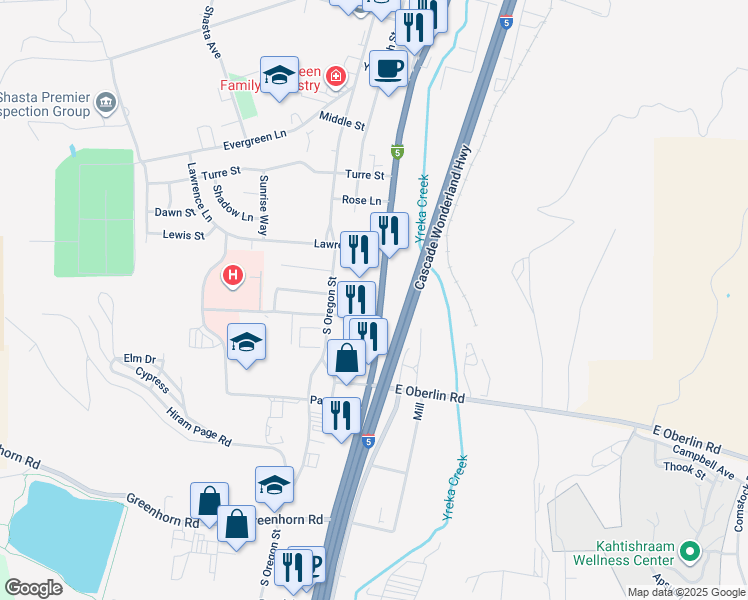 map of restaurants, bars, coffee shops, grocery stores, and more near 1241 South Main Street in Yreka
