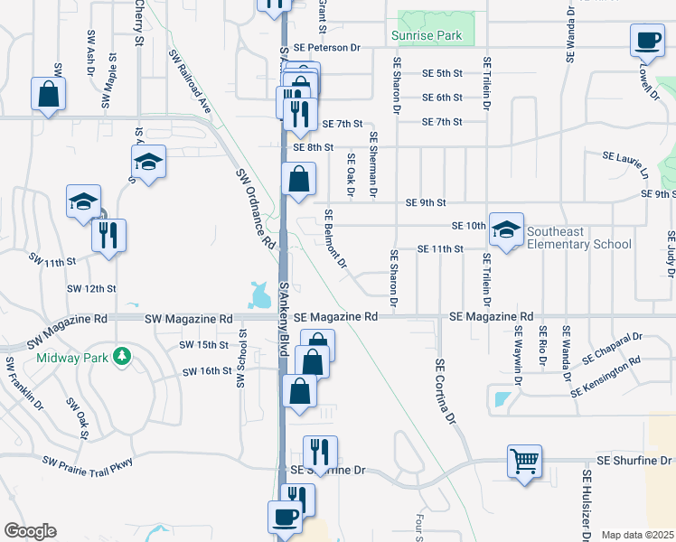 map of restaurants, bars, coffee shops, grocery stores, and more near 1106 Southeast Belmont Drive in Ankeny