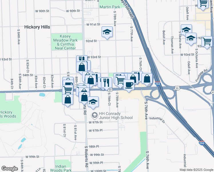 map of restaurants, bars, coffee shops, grocery stores, and more near 7834 95th Street in Hickory Hills