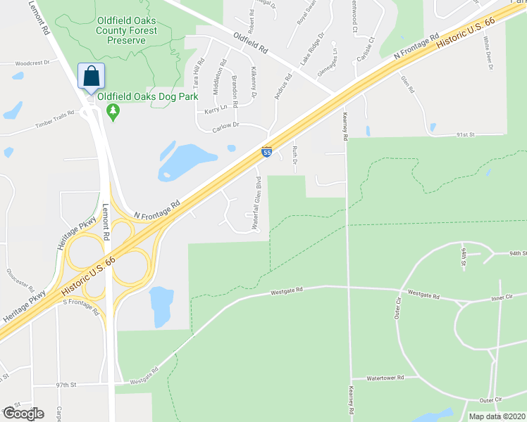 map of restaurants, bars, coffee shops, grocery stores, and more near 9255 Waterfall Glen Boulevard in Darien