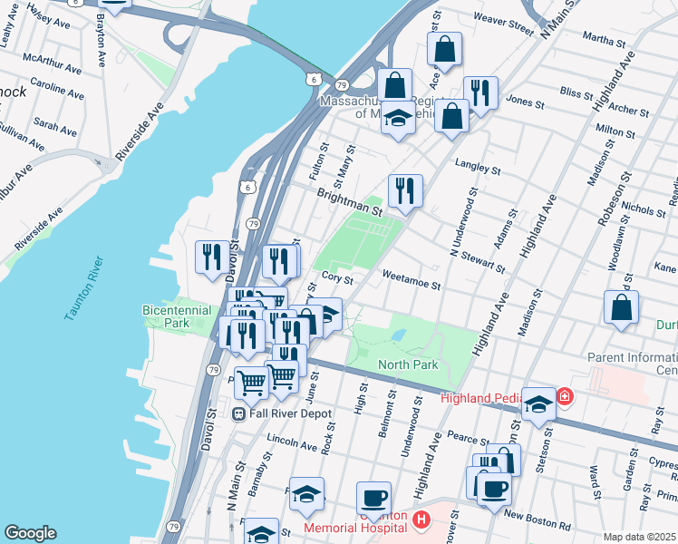 map of restaurants, bars, coffee shops, grocery stores, and more near 268 Cory Street in Fall River