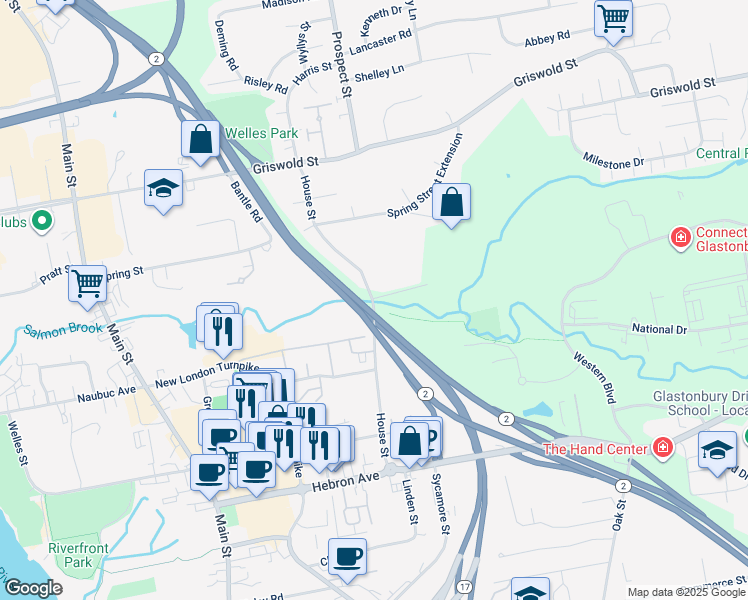 map of restaurants, bars, coffee shops, grocery stores, and more near 172 House Street in Glastonbury