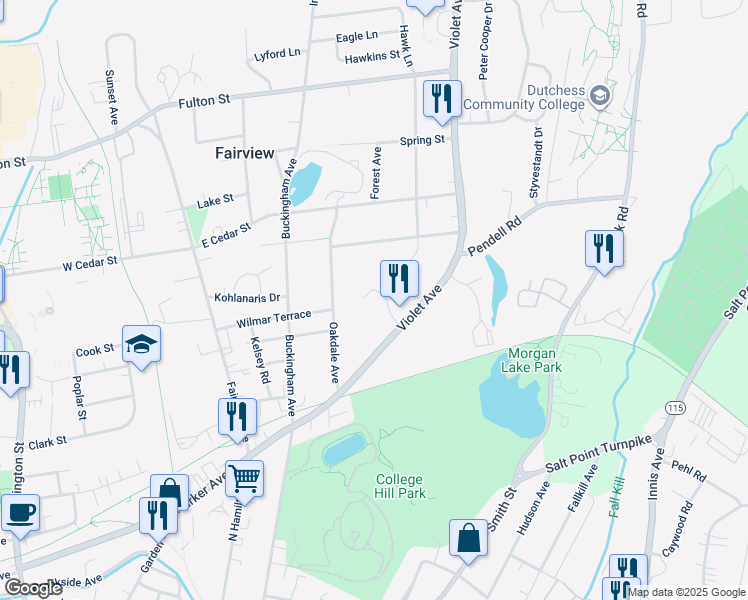 map of restaurants, bars, coffee shops, grocery stores, and more near 10 Eugene Court East in Poughkeepsie