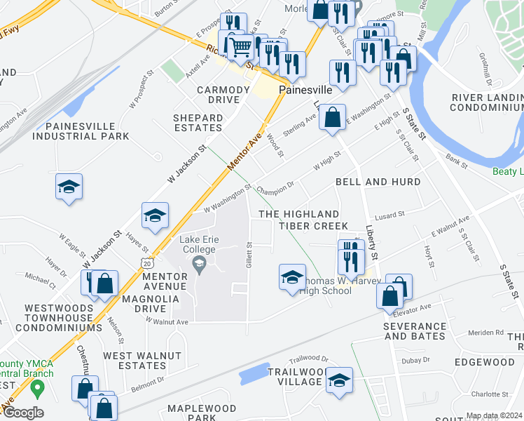 map of restaurants, bars, coffee shops, grocery stores, and more near 71 Gillett Street in Painesville