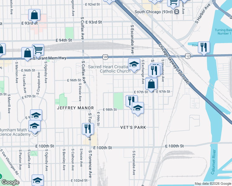 map of restaurants, bars, coffee shops, grocery stores, and more near 2801 East 97th Street in Chicago