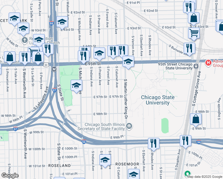 map of restaurants, bars, coffee shops, grocery stores, and more near 9615 South Forest Avenue in Chicago