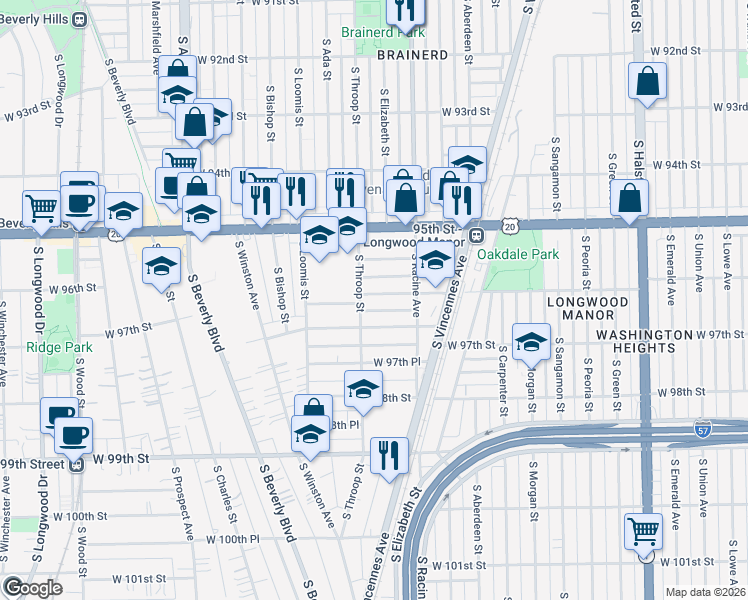 map of restaurants, bars, coffee shops, grocery stores, and more near 1224 West 96th Street in Chicago