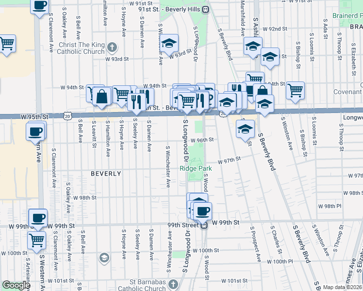map of restaurants, bars, coffee shops, grocery stores, and more near 9557 South Longwood Drive in Chicago