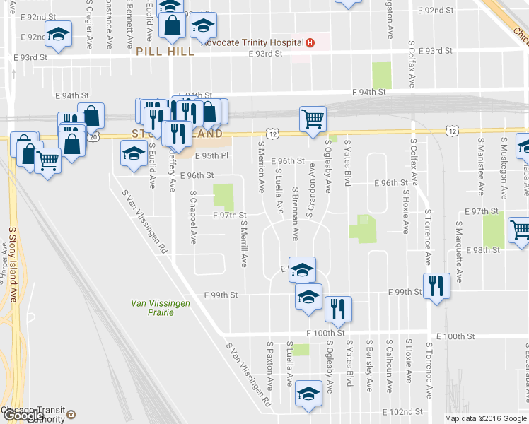 map of restaurants, bars, coffee shops, grocery stores, and more near 2238 E 97th St in Chicago