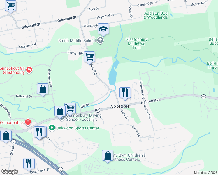 map of restaurants, bars, coffee shops, grocery stores, and more near 40 Addison Road in Glastonbury