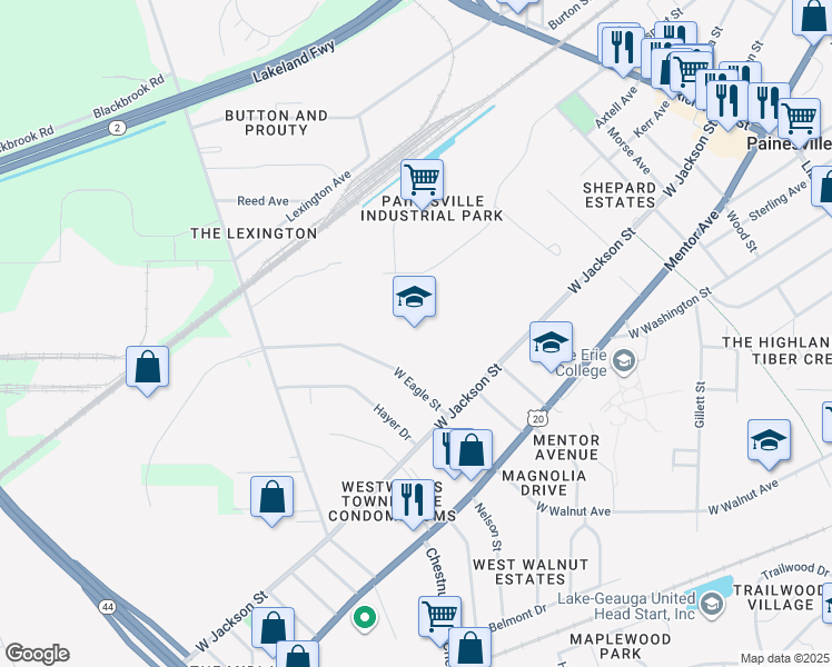 map of restaurants, bars, coffee shops, grocery stores, and more near 560 West Jackson Street in Painesville