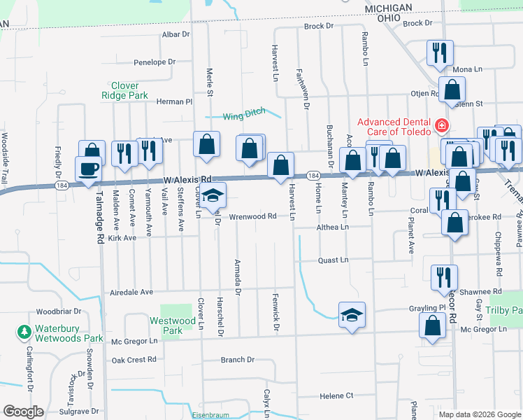 map of restaurants, bars, coffee shops, grocery stores, and more near 3725 West Alexis Road in Toledo