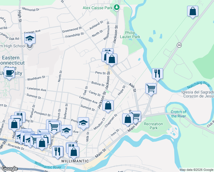map of restaurants, bars, coffee shops, grocery stores, and more near 0 Bolivia Street in Windham