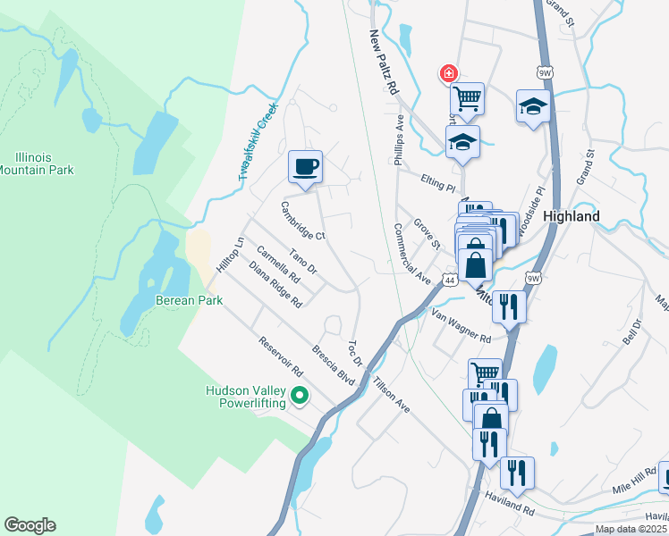 map of restaurants, bars, coffee shops, grocery stores, and more near 38 Toc Drive in Highland