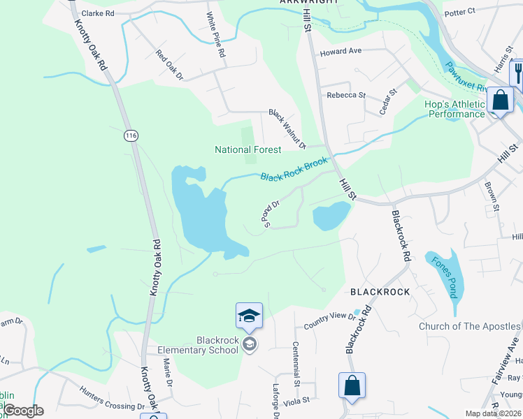 map of restaurants, bars, coffee shops, grocery stores, and more near 21 South Pond Drive in Coventry