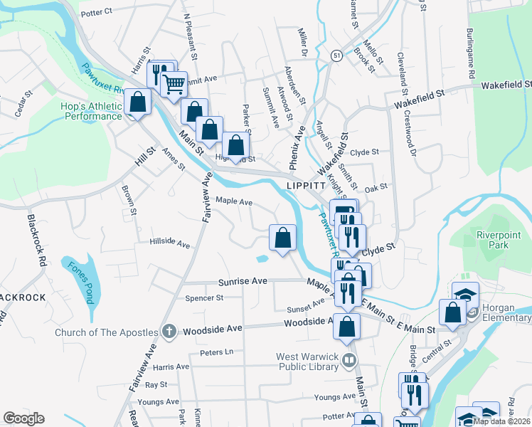 map of restaurants, bars, coffee shops, grocery stores, and more near 81 Maple Avenue in West Warwick