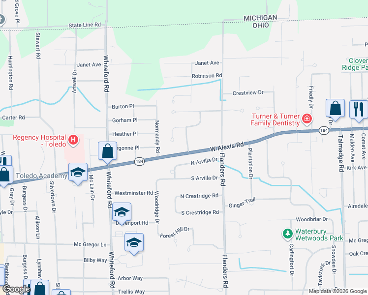 map of restaurants, bars, coffee shops, grocery stores, and more near 5743 Countryside Drive in Sylvania