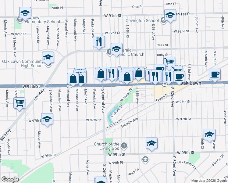 map of restaurants, bars, coffee shops, grocery stores, and more near 5535 95th Street in Oak Lawn