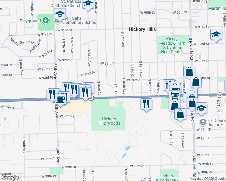 map of restaurants, bars, coffee shops, grocery stores, and more near 8450 Coey Lane in Hickory Hills
