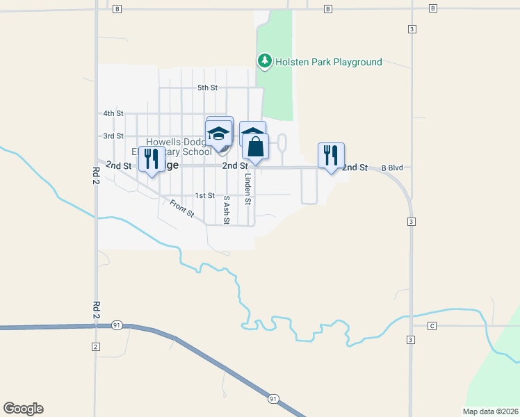 map of restaurants, bars, coffee shops, grocery stores, and more near 743 1st Street in Dodge