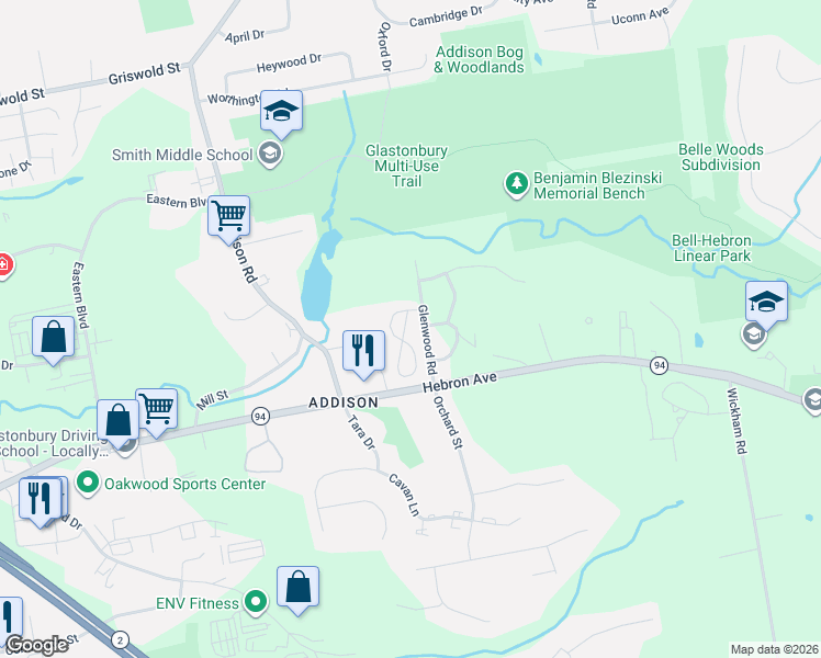 map of restaurants, bars, coffee shops, grocery stores, and more near 24 Adenas Walk in Glastonbury