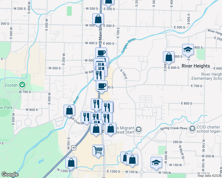 map of restaurants, bars, coffee shops, grocery stores, and more near 59 East 700 South in Logan